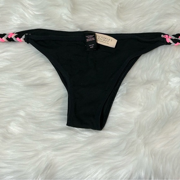 Sz M Victoria Secret  Black Bikini Bottom Brief with Pink Braided Sides - Picture 6 of 7